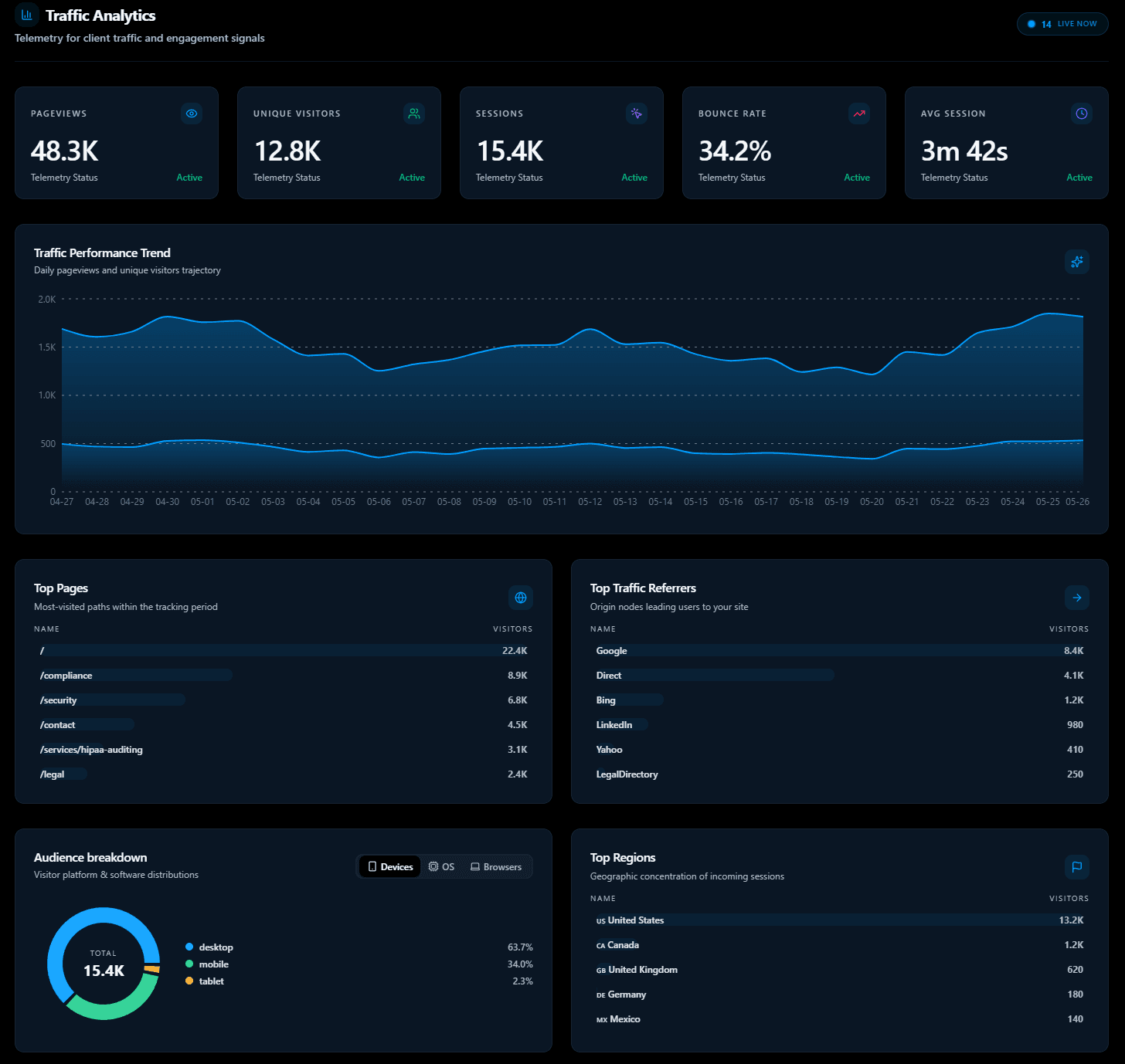 Vector site analytics dashboard showing visitors, leads, and conversion metrics