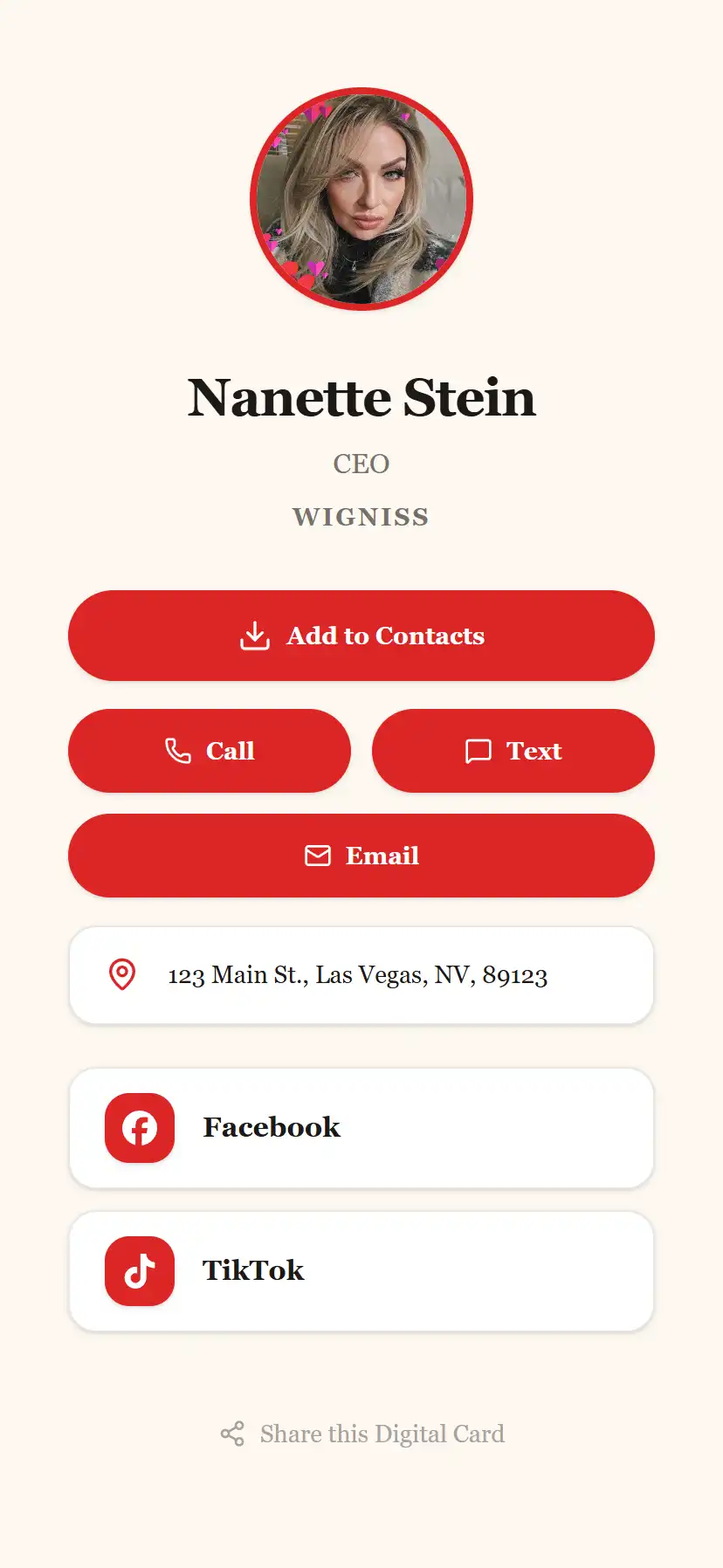 Virtual business card showing a profile photo, role, and one-tap actions for call, text, email, and contact save.